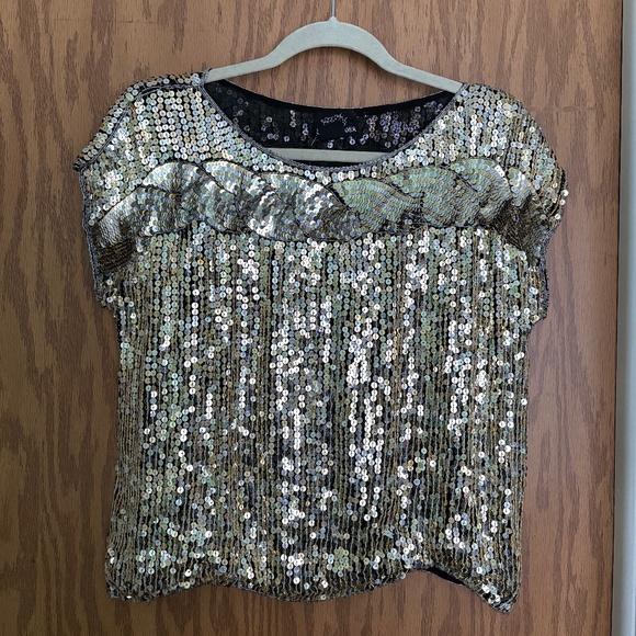 Sunflow Vintage Sequin Tee Black & Gold Medium 100% Silk Beaded Top Shirt - Picture 1 of 5